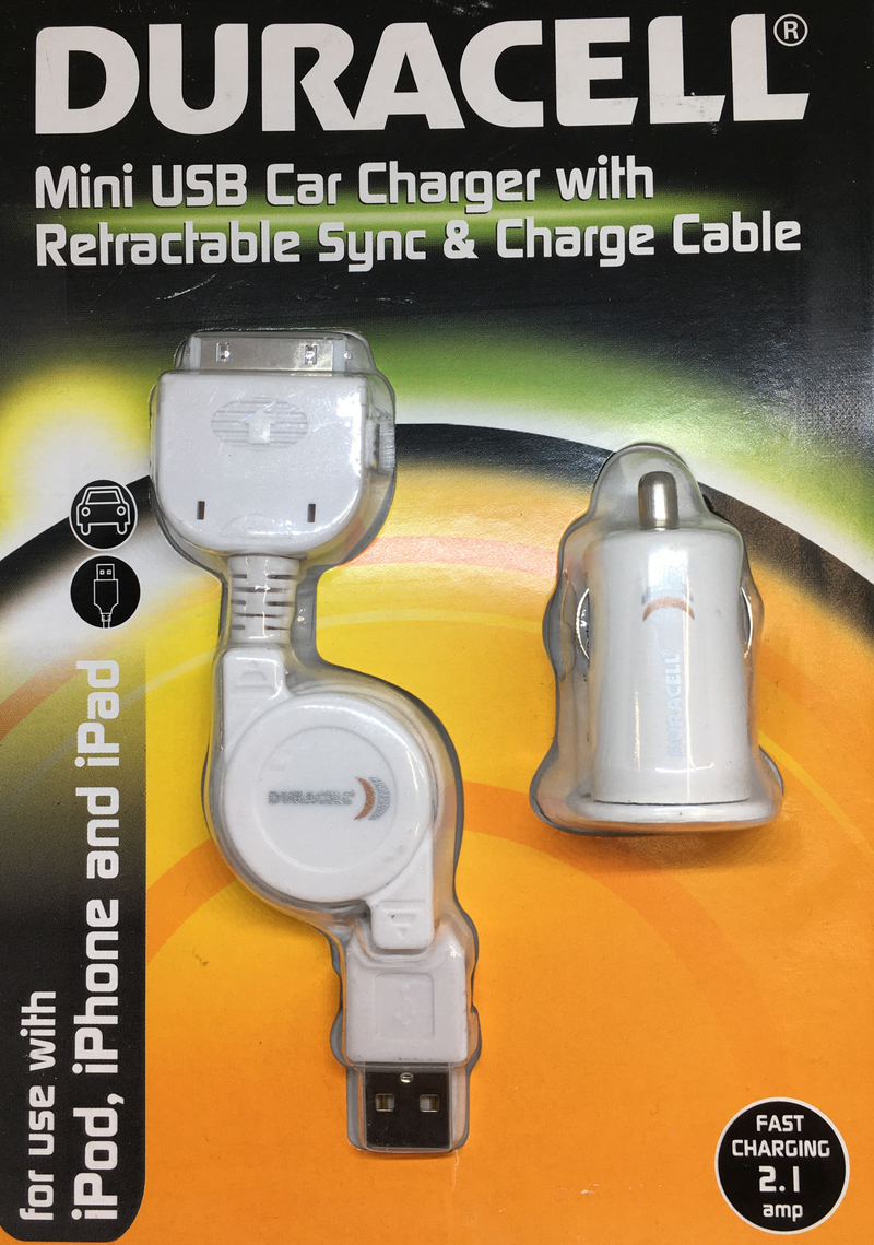 Duracell Mini USB Car Charger with Retractable Sync & Charge Cable for I Phone4 & I Pad