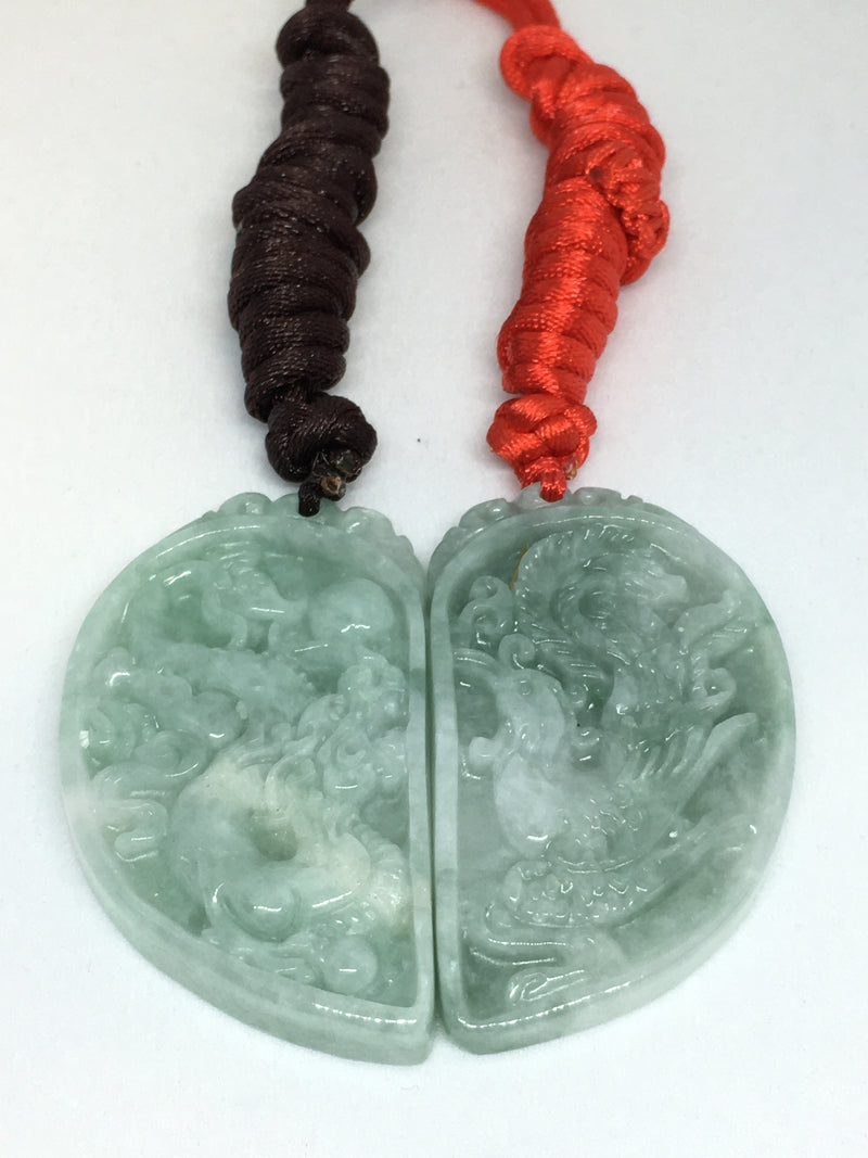 Gorgeous Natural Jadeite Jade Pair Pendant Necklace with Dragon & Phoenix Carving