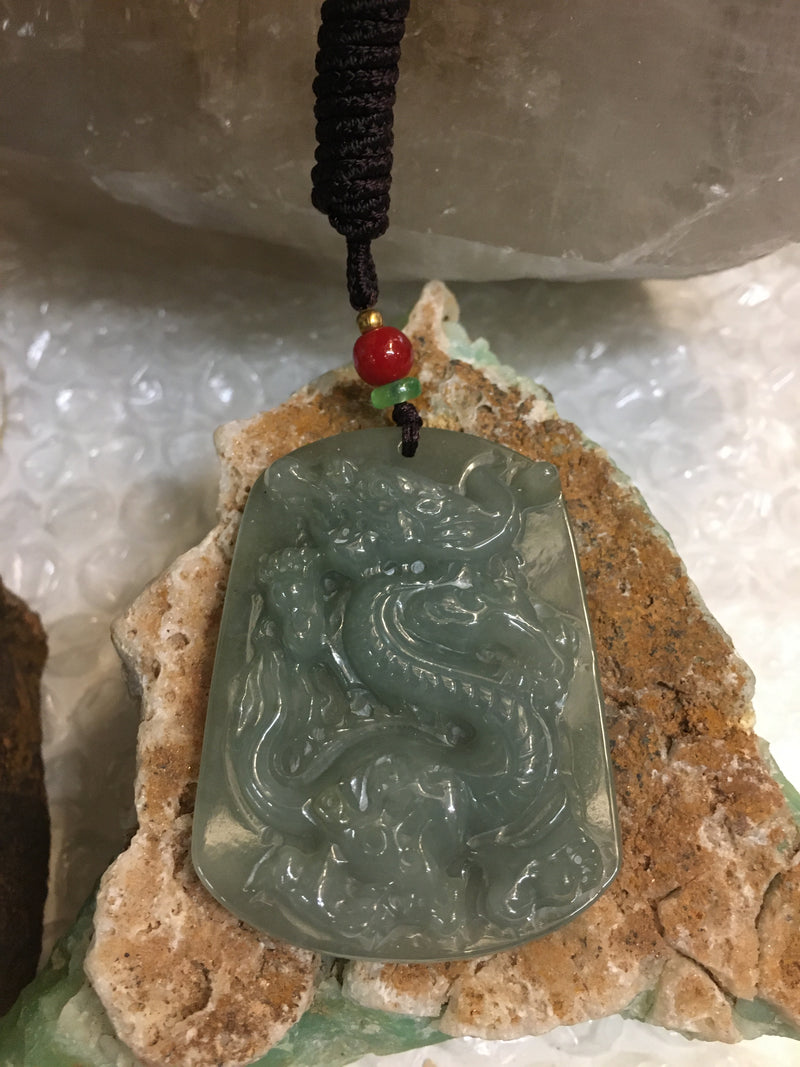 Rare Natural Jadeite Jade Pendant Necklace with Flying Dragon Carving
