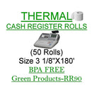 3 1/8" x 180' Premium BPA Free RR90 Cash Register Machine Thermal Paper Rolls - 50 Rolls