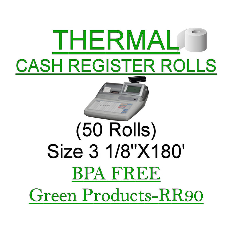 3 1/8" x 180' Premium BPA Free RR90 Cash Register Machine Thermal Paper Rolls - 50 Rolls