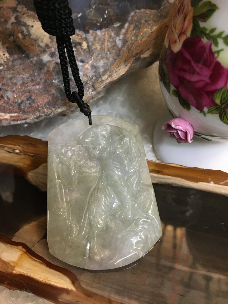 Rare Natural Jadeite Jade Pendant Necklace with Tiger Carving-Best Gifts For Men !