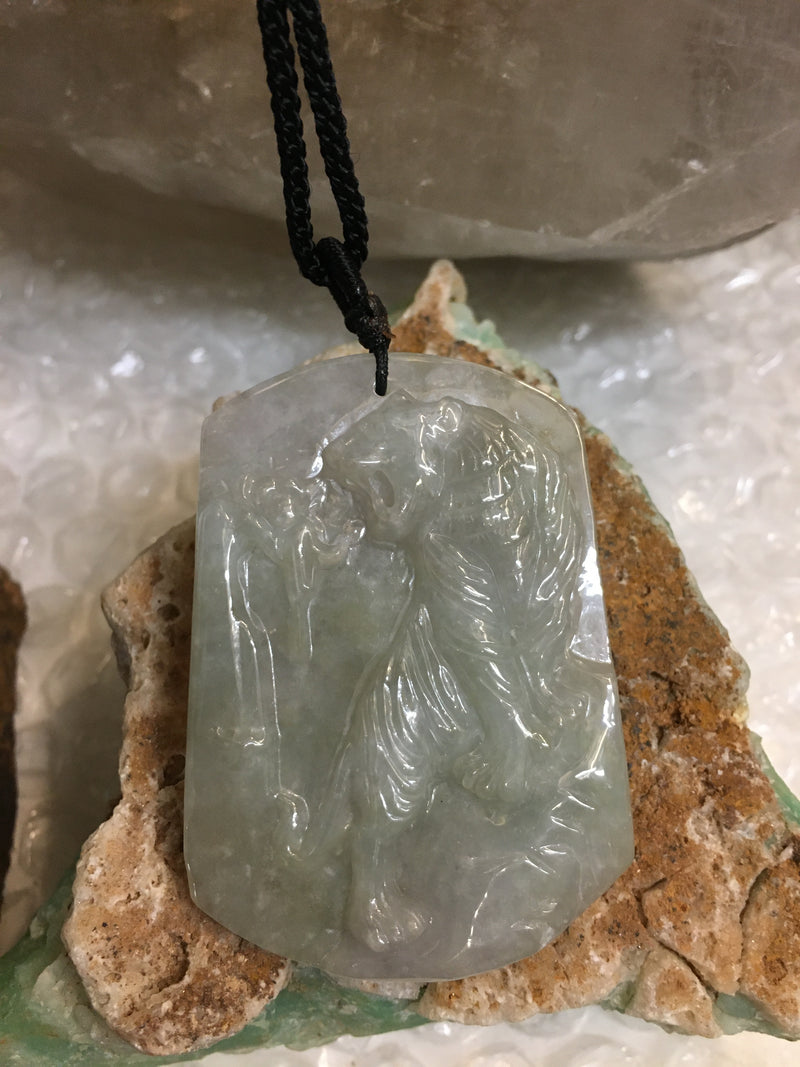 Rare Natural Jadeite Jade Pendant Necklace with Tiger Carving-Best Gifts For Men !