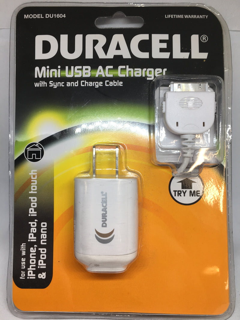Duracell Mini USB AC Charger with Sync & Charging Cable for I Phone4 and I Pad
