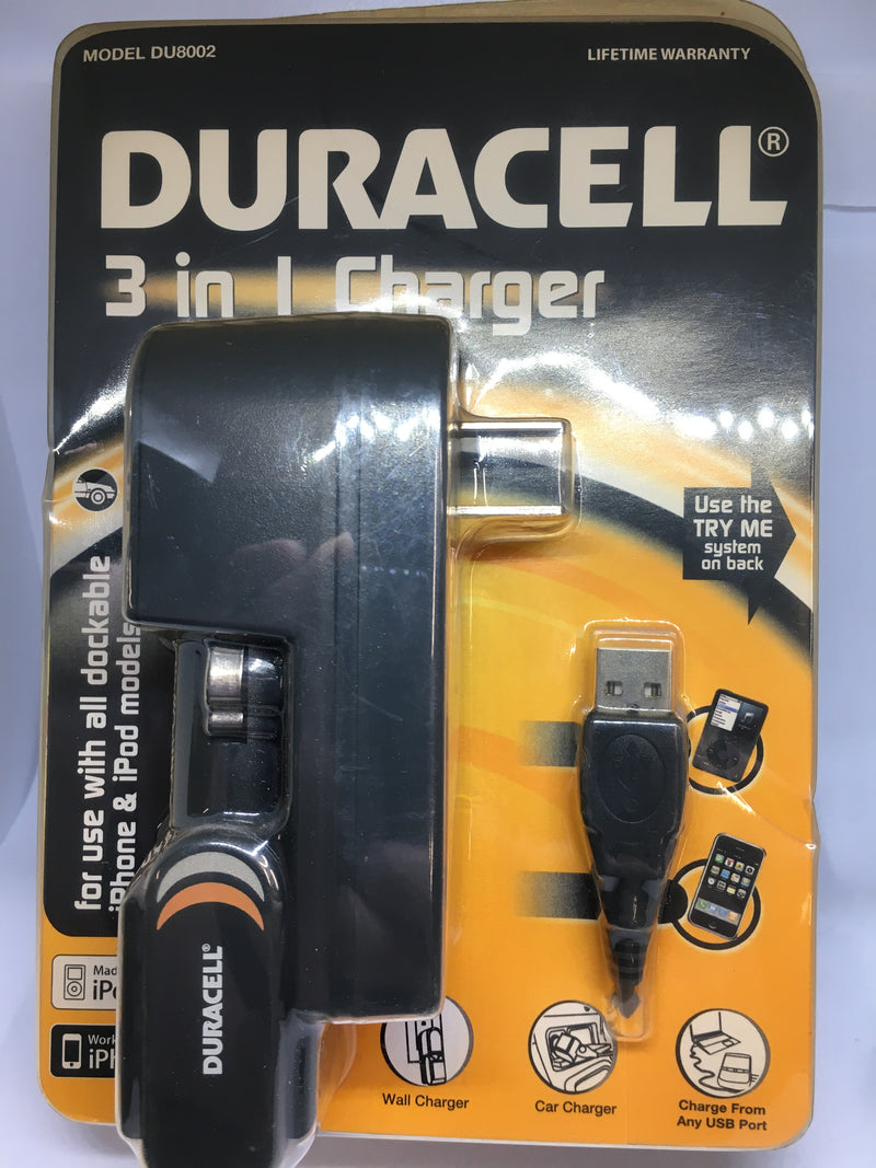 Duracell Home & Car 3 in 1 Phone Charger with Durable High-Speed Black Charging Cable