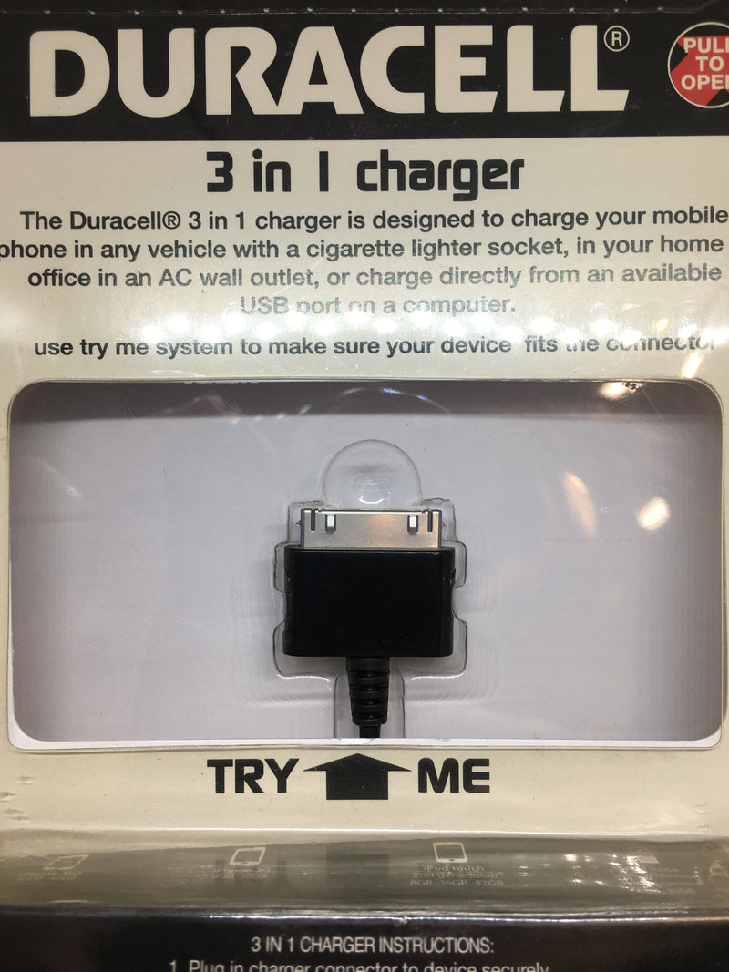 Duracell Home & Car 3 in 1 Phone Charger with Durable High-Speed Black Charging Cable