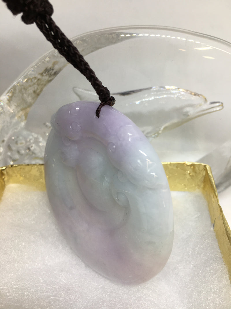Gorgeous Green and Lavender Mixed-Color Natural Jadeite Jade RUYI Pendant Necklace