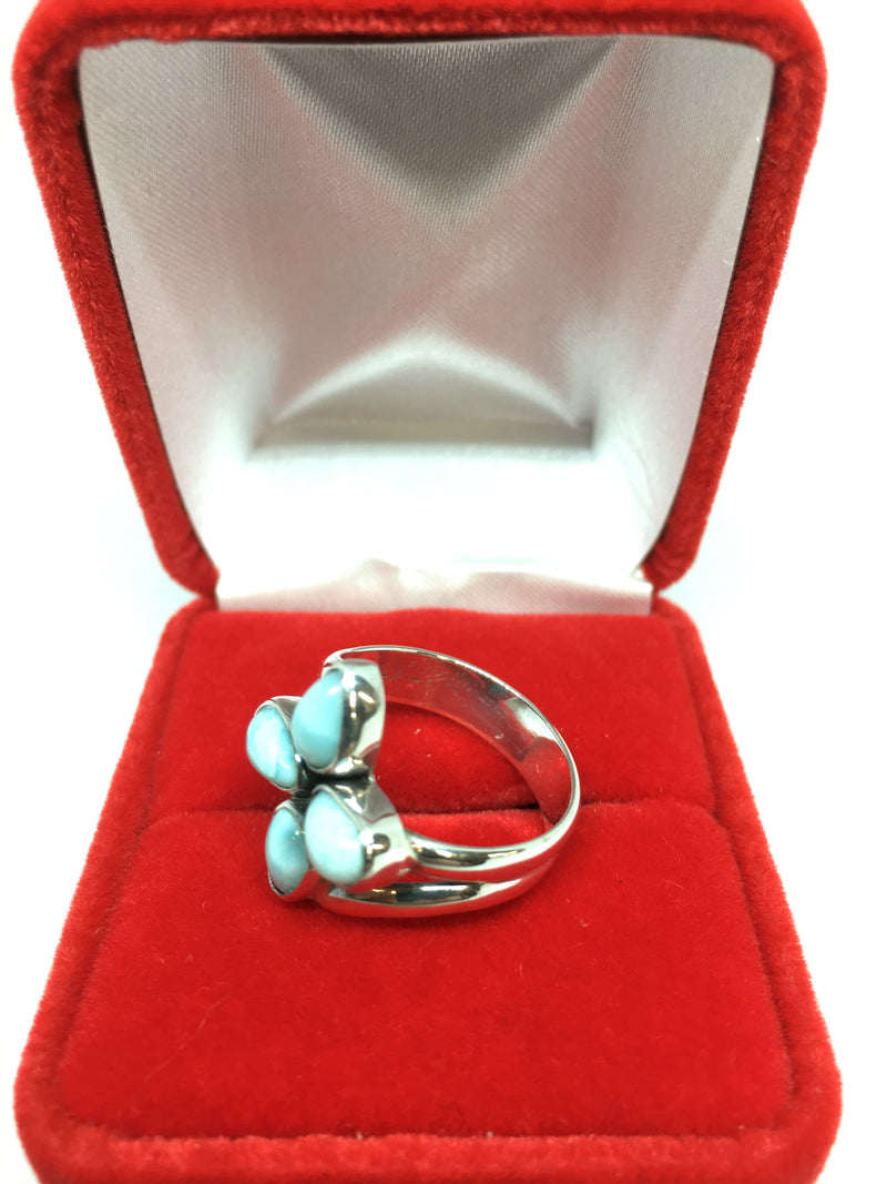 Beautiful Four Leaves Flower Design Natural Larimar Gemstone Ring with 925 Sterling Silver